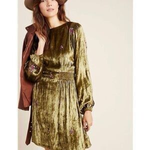 Anthropology Embroidered Velvet Olive Long Sleeve Dress with Floral Accents